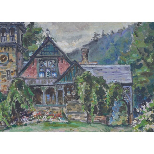 Mid Century Black Forest Chalet Landscape, Original Oil on Canvas, Signed Wonderful naive painting of a chalet with clock...