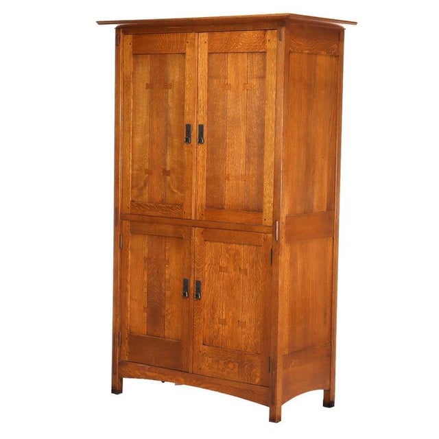 Vintage Stickley Arts & Crafts Mission Oak Entertainment Cabinet With Hammered Copper Hardware Signed 20thC Measures - 78"...