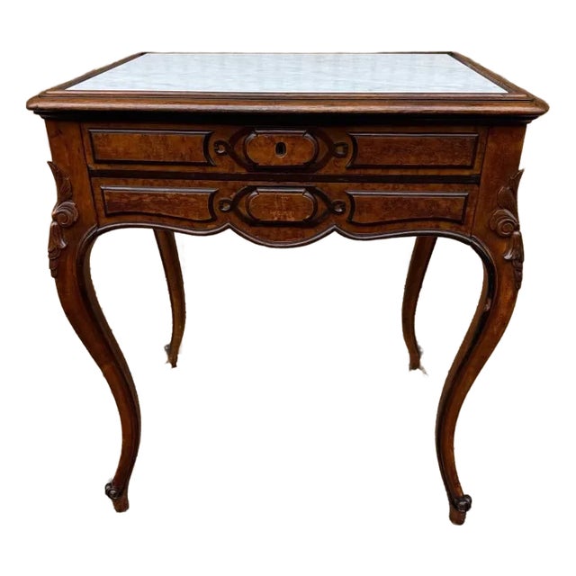 Antique French Provincial Louis XV Period Carved Walnut Burled Wood Marble Top Side Table For Sale