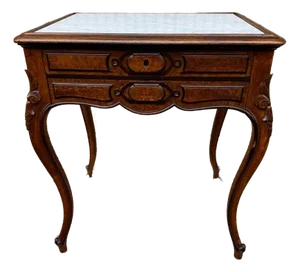 Antique French Provincial Louis XV Period Carved Walnut Burled Wood Marble Top Side Table