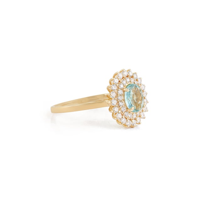 Metal 14k Yellow Gold 1.18 Ct Oval Paraiba Tourmaline & Diamond Double Halo Ring Size 8 For Sale - Image 7 of 18