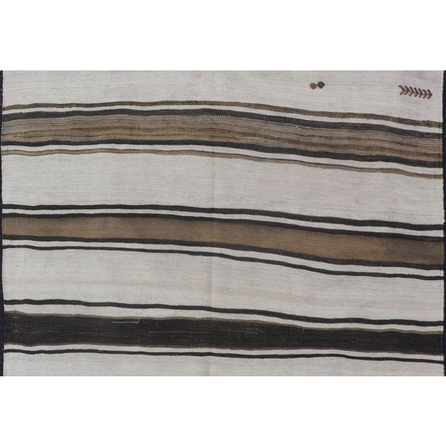 Tribal Vintage Turkish Kilim Rug With Ivory, Brown and Dark Stripe Bands For Sale - Image 3 of 11