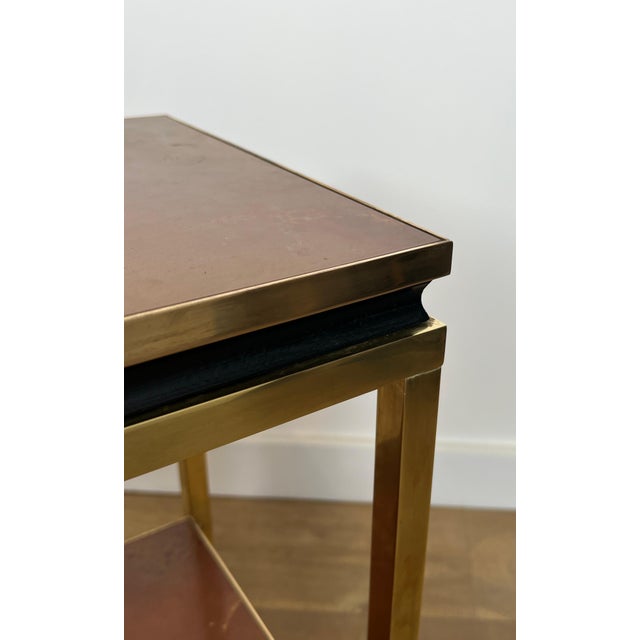 1970s Black lacquered metal and brass side table with amber celluloid shelves For Sale - Image 11 of 12
