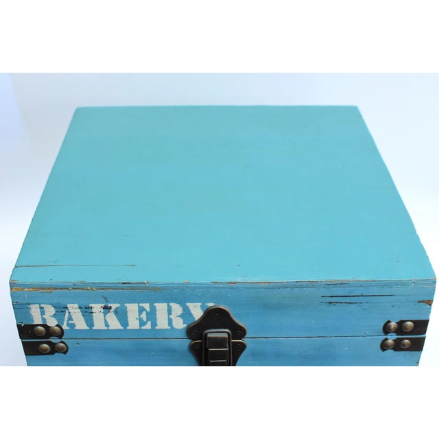 Wood Blue Wooden Cube Box, Side Table, Bakery Print New For Sale - Image 7 of 13