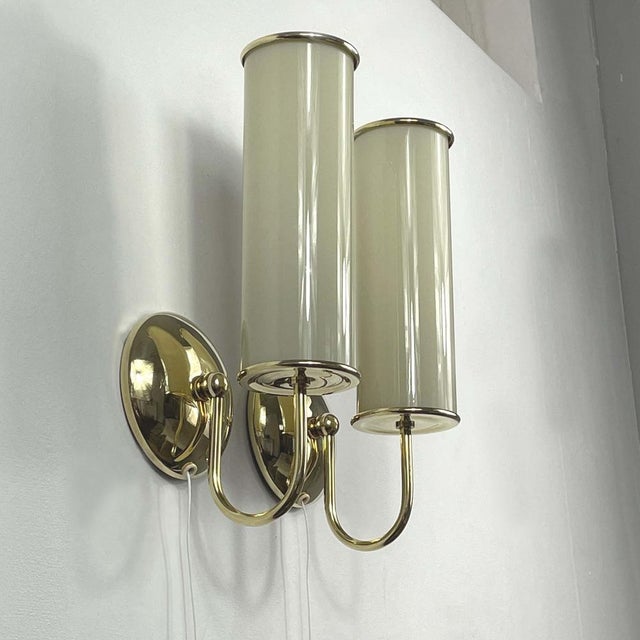 Metal Art Deco Tubular Opaline Glass & Brass Sconces, Germany, 1930s, Set of 2 For Sale - Image 7 of 15