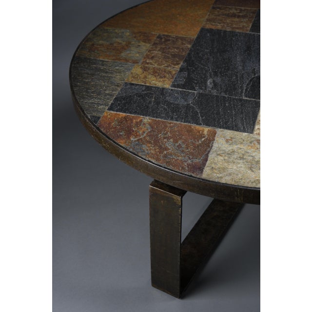 Brutalist Round Coffee Table in Norwegian Slate, Concrete and Hammered Brass attributed to Paul Kingma, Netherlands, 1970s For Sale - Image 13 of 14