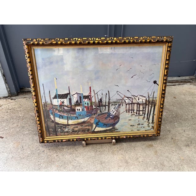 1960s 1960s Jacques Bouyssou Signed French Harbor Painting “Le Port Du Bec” – Original Framed Maritime Artwork For Sale - Image 5 of 12