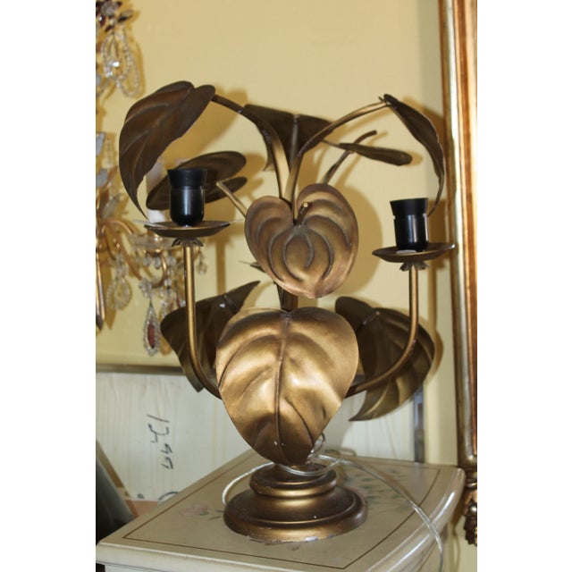 Vintage Mid Century Modern French Gilt Metal Anthurium Tommaso Barbi Style Table Lamp For Sale - Image 13 of 13
