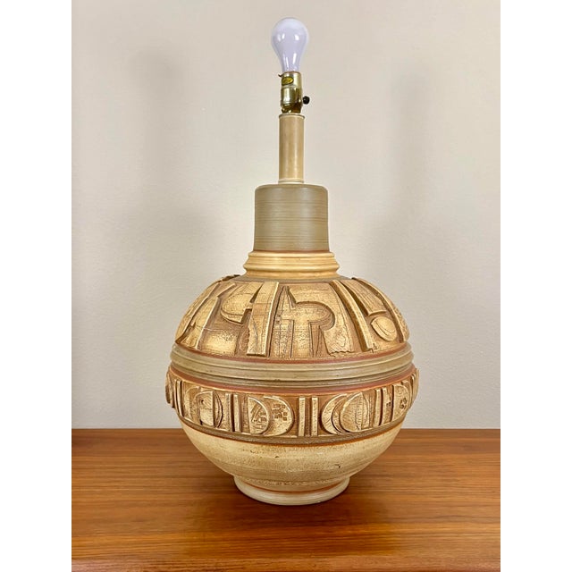Large Ceramic Table Lamp With Geometric Engraved Details | by Casual Lamps of California For Sale In Tampa - Image 6 of 12