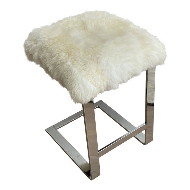 1970s Chrome Flat-Bar Sheepskin Stool by Pace For Sale