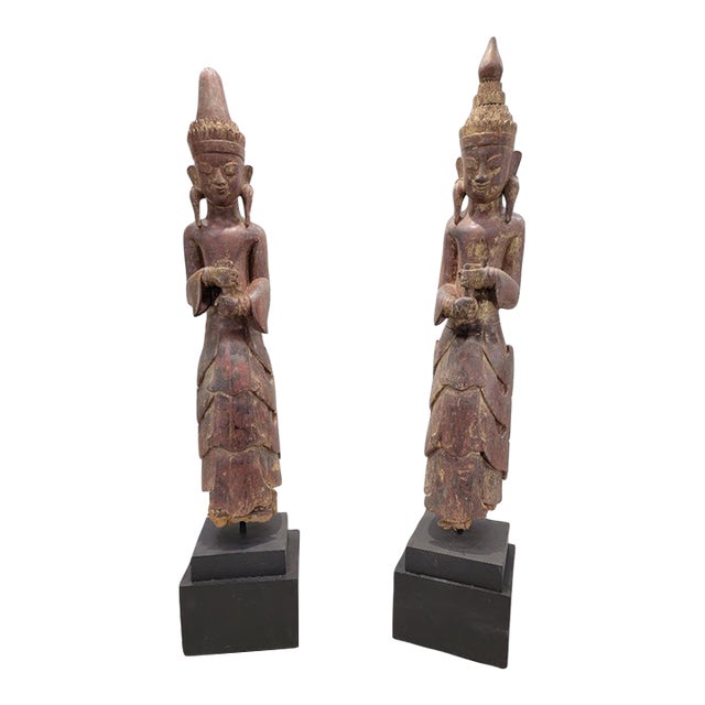 Antique Carved Burmese Monastic Attendant on Pedestal Base - Set of 2 For Sale