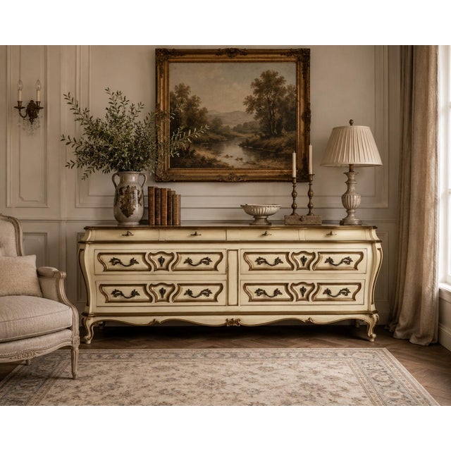 Elegant vintage French Provincial long dresser by Karges, designed in the classic Louis XV style. This substantial eight-...