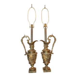 Huge Pair of 1800's Antique Gilt Bronze Figural Cherub Ewer Urn Vase Table Lamps For Sale