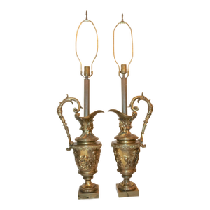 Huge Pair of 1800's Antique Gilt Bronze Figural Cherub Ewer Urn Vase Table Lamps