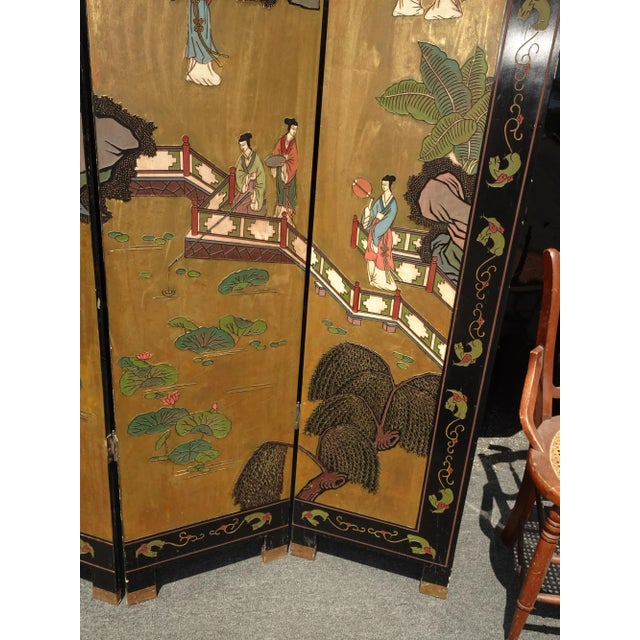 Vintage Oriental Asian Gold Coromandel Four Panel Screen Room Divider W Geishas For Sale - Image 9 of 12