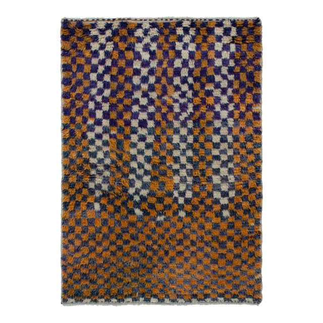 1950s Vintage Tulu Tribal Rug in Orange-Gold, Purple and White Geometric Pattern For Sale