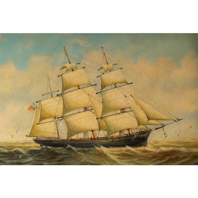 Nautical Early 20th Century Ship at Sea | Large Format Framed Oil Painting, Signed For Sale - Image 3 of 7