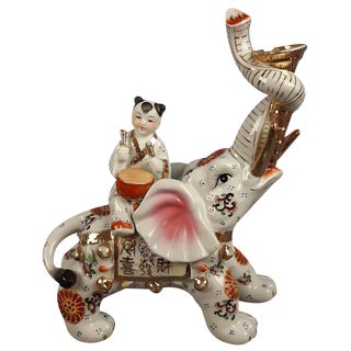 Vintage Porcelain Sculpture of Elephant with Drummer, 1970s For Sale
