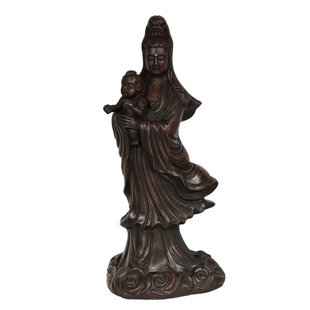 1950s Vintage Chinese Carved Purple Clay Kwan Yin Statuary For Sale