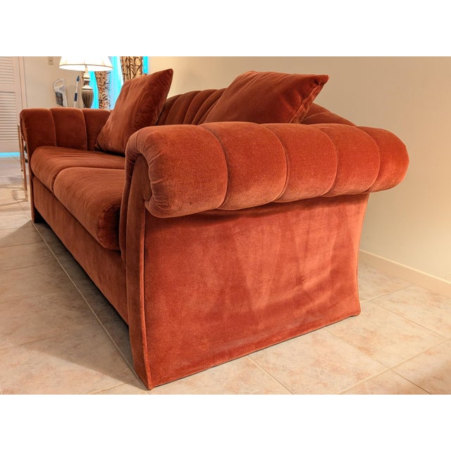 1980s Bernhardt Flair Channel-Tufted Scroll-Arm Terracotta Velvet Loveseat For Sale - Image 10 of 12