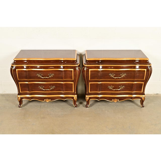 French Provincial Karges French Provincial Louis XV Burled Walnut and Gold Gilt Bombay Chests of Drawers, Pair For Sale - Image 3 of 16
