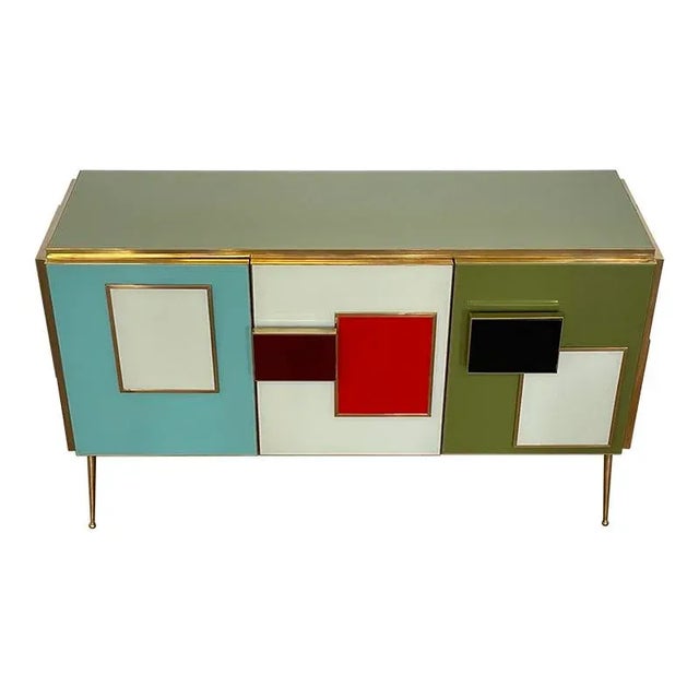 Three -door belief, entirely handmade, with wooden structure and surface finishes in multicolored glass; Profiles, handles...