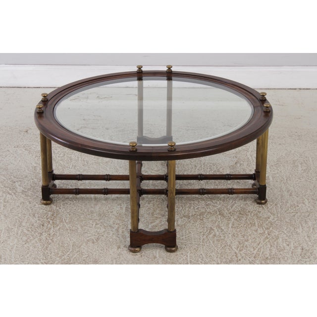 Traditional Regency Faux Bamboo Round Brass & Glass Top Coffee Table For Sale - Image 3 of 12