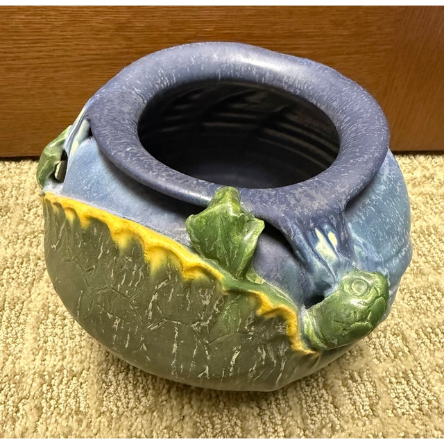 Ephraim Faience 2006 Hand Made Art Pottery Green Turtle Blue Ceramic Vase For Sale - Image 10 of 15