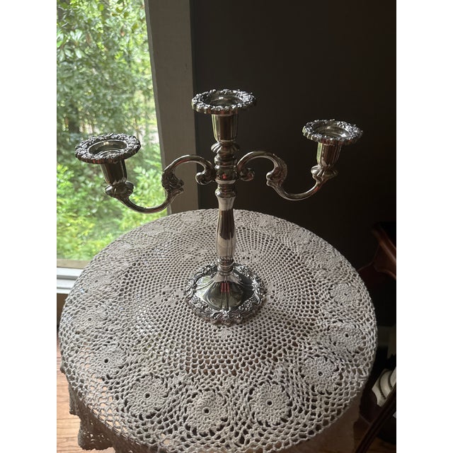 Midcentury Sheffield Silverplate Heavy 3 Arm Candelabra Made in Italy For Sale - Image 9 of 13
