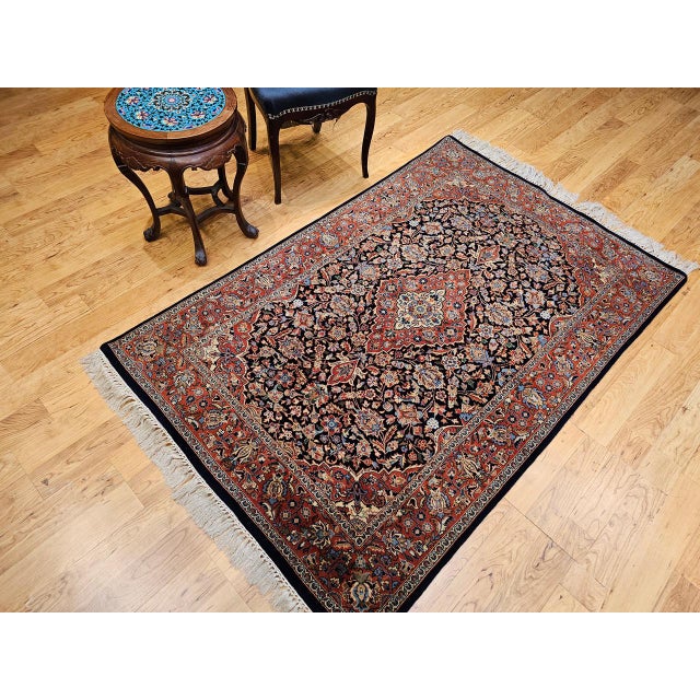 1900 - 1909 Vintage Kashan Rug, Hand-Knotted Wool & Cotton, Floral Pattern, Navy & Brick-Red, 4x6 For Sale - Image 5 of 16