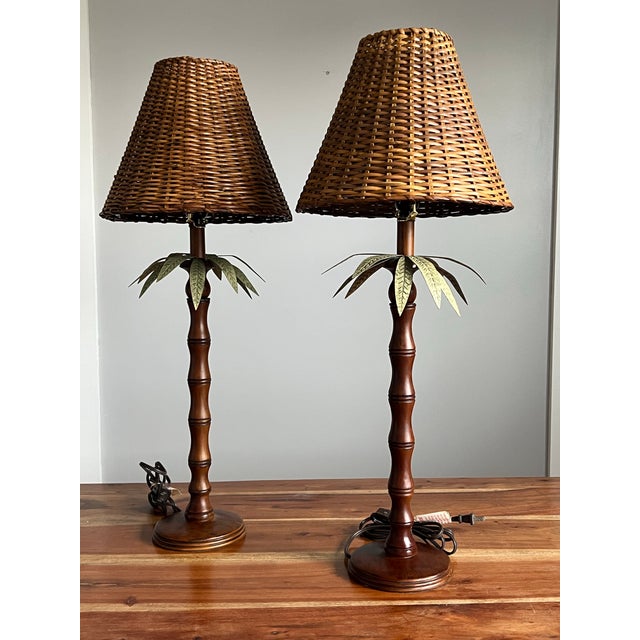 English Vintage Hollywood Regency Faux Bamboo English Mahogany Palm Lamps For Sale - Image 3 of 12
