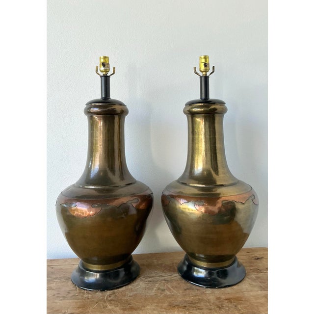 Vintage Boho Monumental Brass and Copper Lamps - A Pair For Sale In West Palm - Image 6 of 10