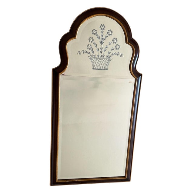 Beautiful Queen Anne style beveled edge mirror with etched basket bouquet. Attributed to Friedman Brothers. Wood...