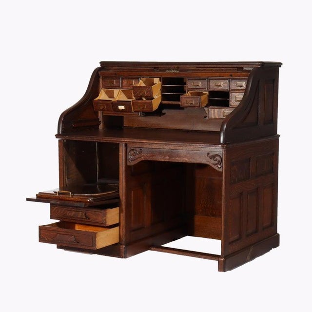 Traditional Antique Gunn Furniture Co. Oak S-Roll Top Paneled Single Pedestal Desk C1900 For Sale - Image 3 of 12