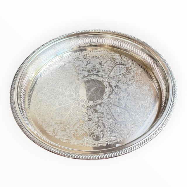Mid 20th Century Vintage f.b. Rogers Silver Plate Engraved Floral Gallery Tray 13” For Sale - Image 5 of 14