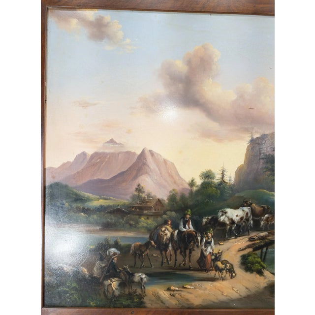 Rustic European Continental European Alpine Scene Oil Painting on Tin For Sale - Image 3 of 12