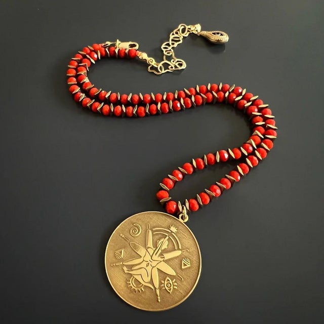 Spiritual Journey Red & Gold Beaded Choker Necklace For Sale - Image 10 of 12