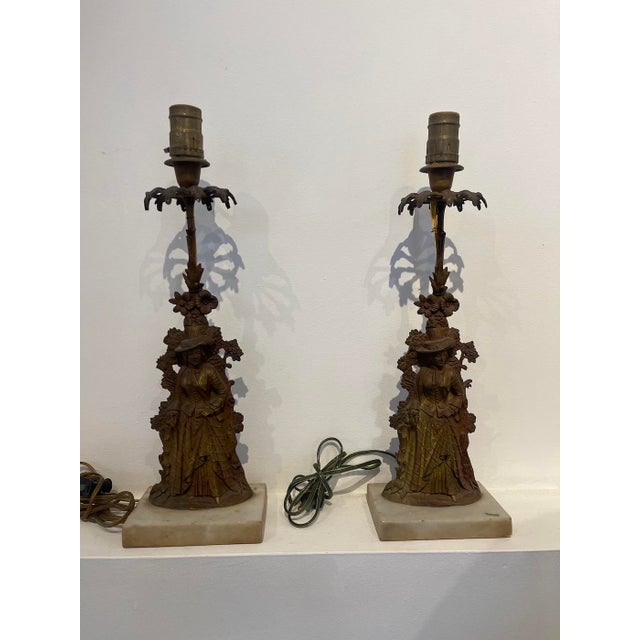 Vintage Figural Lady Table Lamps – Pair of Cast Metal & Stone Bases For Sale - Image 4 of 7
