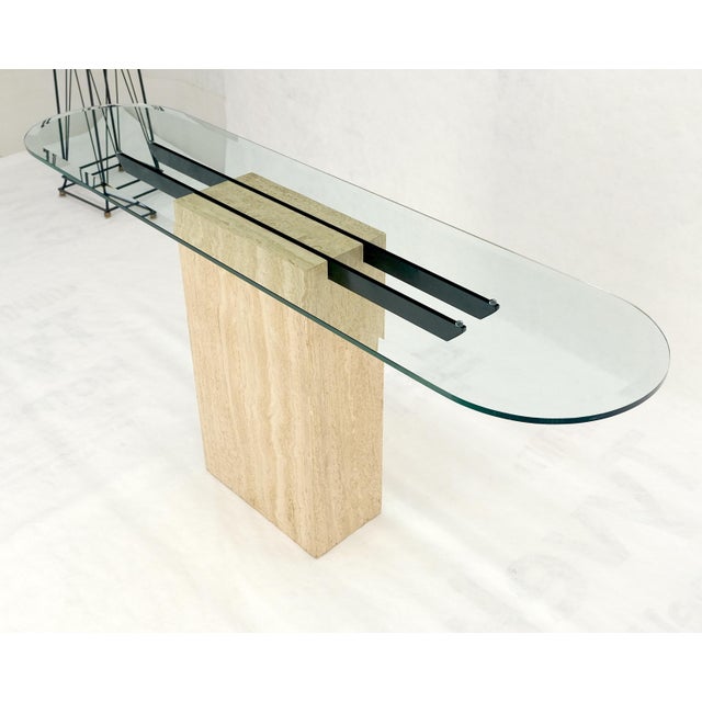 Italian c1970s Mid Century Modern Glass Top Single Travertine Base Console Table For Sale - Image 14 of 14