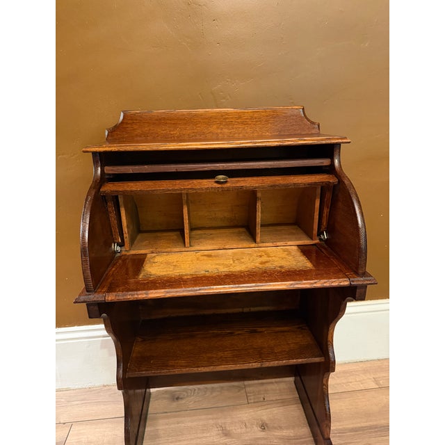 Wood Antique Quarter Sawn Solid Oak Child's Roll Top Trestle Desk - Original Brass For Sale - Image 7 of 13