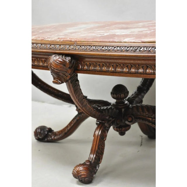 Early 20th Century Antique Grosfeld House French Regency Plume Carved Mahogany Marble Coffee Table For Sale - Image 5 of 13