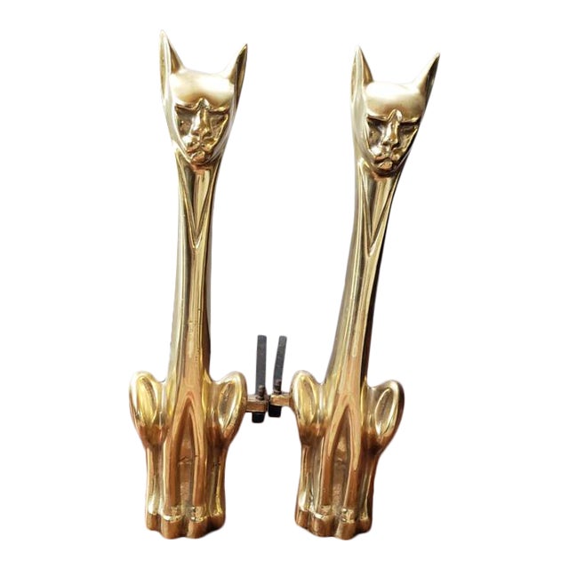 1950s Mid Century Modern Brass Siamese Cat Fireplace Andirons a Pair