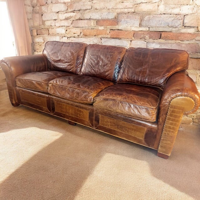Vintage Vanguard Furniture Alligator Print Down Filled Full Grain Leather Sofa For Sale - Image 9 of 11