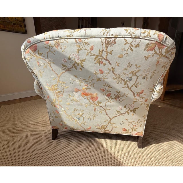 Custom Tufted Scalamandre Sky Blue Floral Lounge Chair and Ottoman Set For Sale - Image 15 of 18