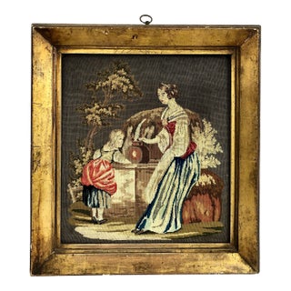 Victorian Needlework Pastoral Scene of Girls Collecting Water at a Cistern For Sale