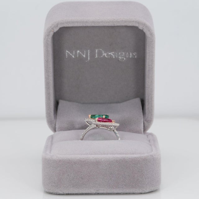 Toi Et Moi Pink & Indicolite Tourmaline Ring With Diamonds: 14k Gold, Pear Cut, Size 5.25 For Sale - Image 4 of 9