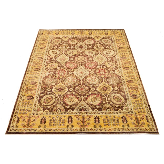 Modern Paki Peshawar Wool Rug in Brown and Gold With Allover Floral Design For Sale In New York - Image 6 of 10