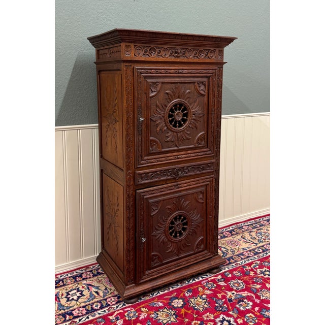 Antique French Breton Armoire Wardrobe Linen Cabinet Double Doors Drawer C. 1900 For Sale - Image 15 of 18