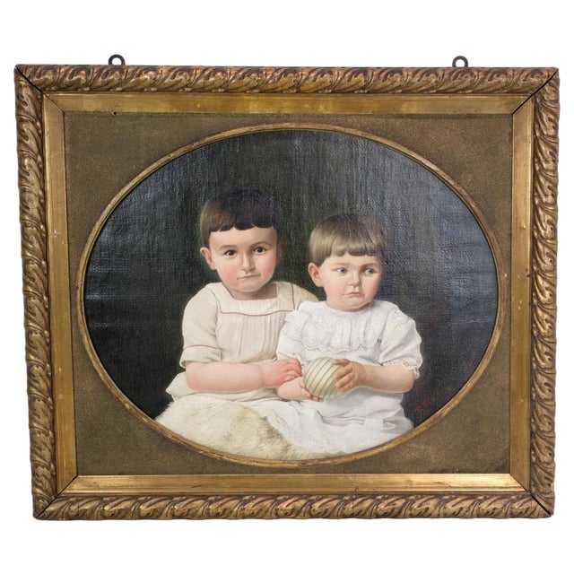 Motif of Two Children, 1860s, Oil on Canvas For Sale