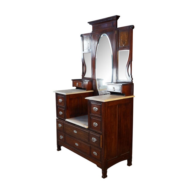 Victorian Antique Edwardian Mahogany Marble Top Drop Center Dressing Table Vanity 46" For Sale - Image 3 of 17